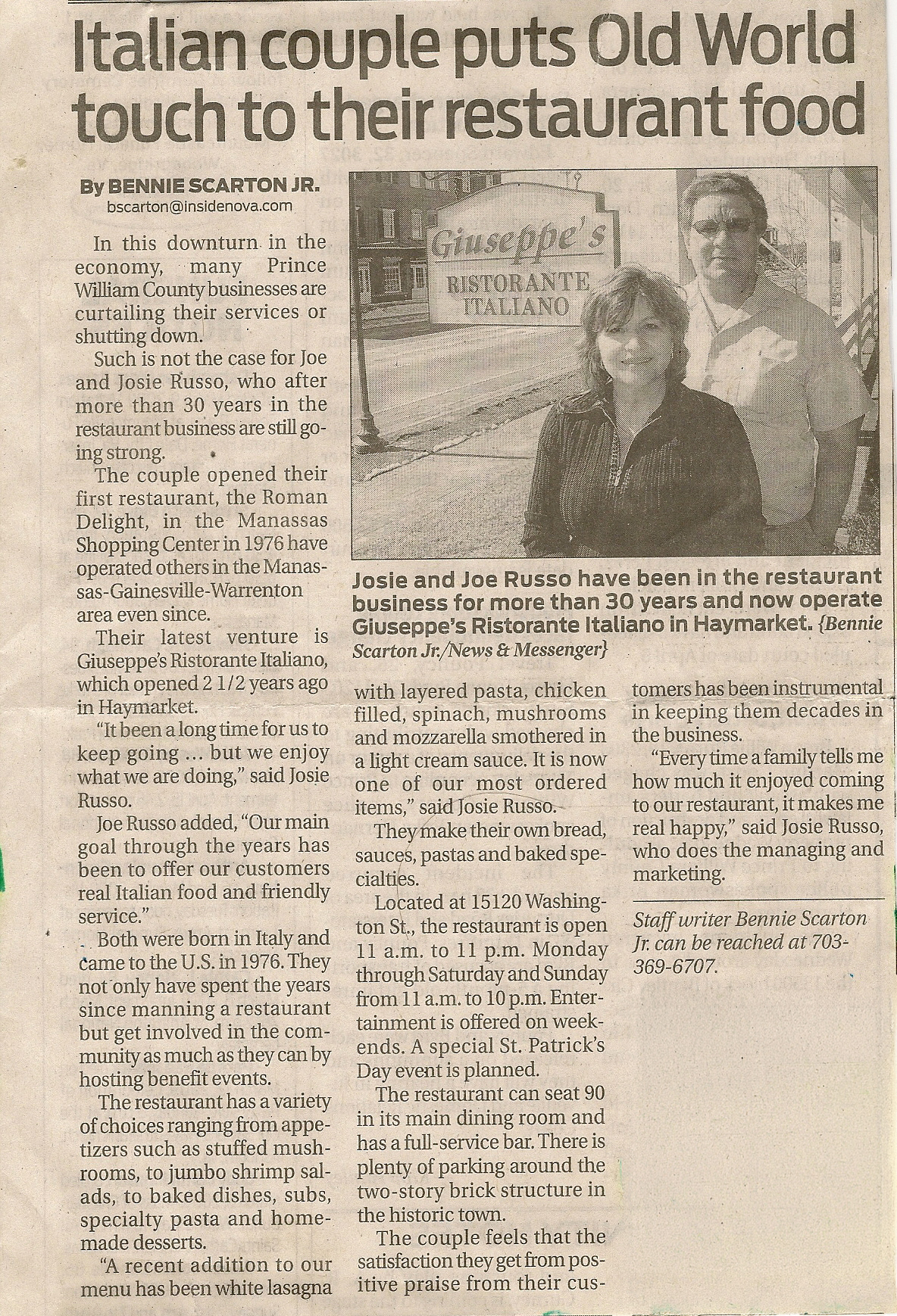 Newspaper article about Giuseppe's